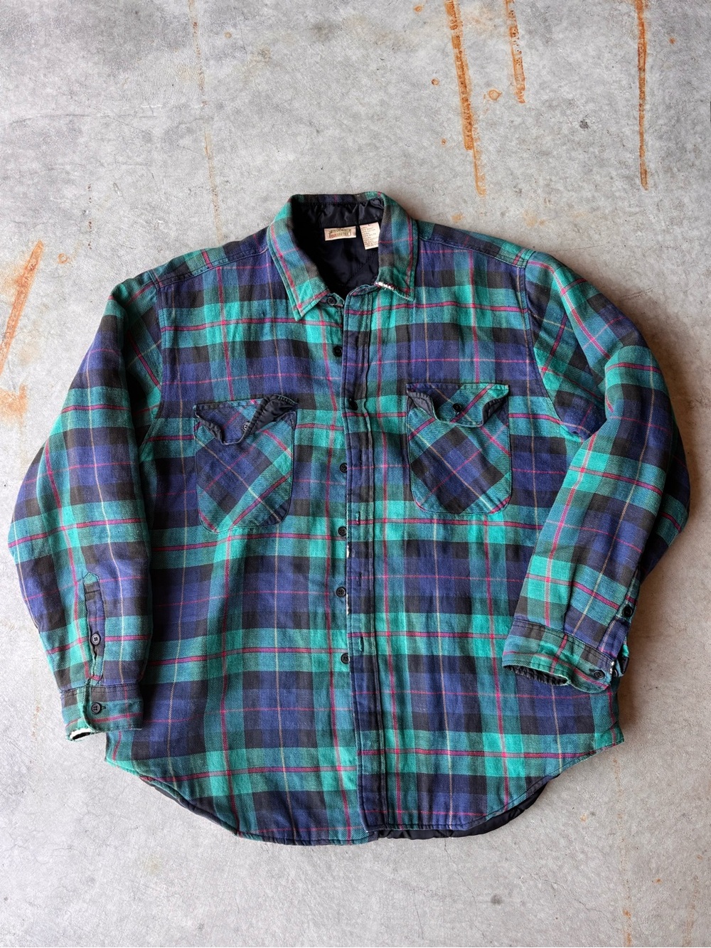 Vintage 90s Five Brother Distressed Quilted Plaid Flannel Shirt Jacket size L